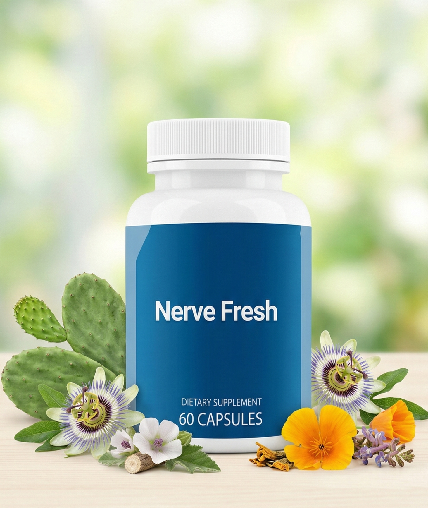 Dietary Supplement Bottle and Ingredients on white background